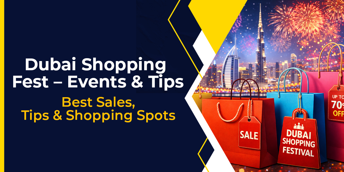 Dubai Shopping Festival 2026 banner with sale icons