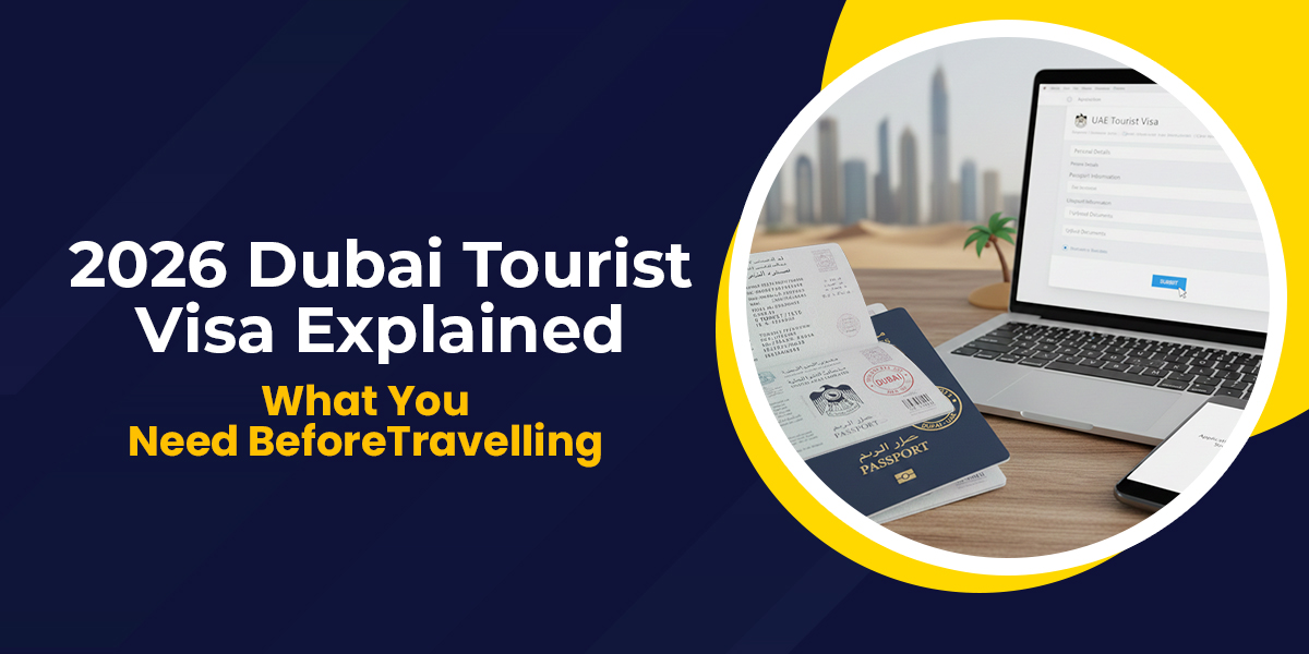 Passport with Dubai visa stamp and travel icons