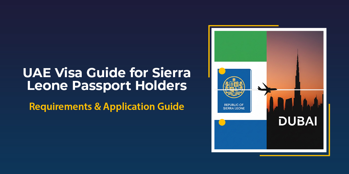 Sierra Leone passport with Dubai skyline and visa application concept