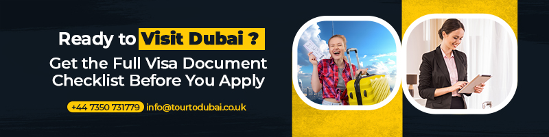 Dubai visa document checklist banner with travellers