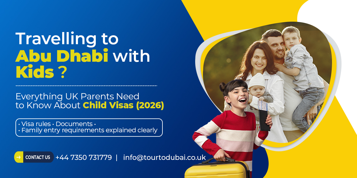 British family travelling to Abu Dhabi with children, highlighting visa requirements for UK parents in 2026