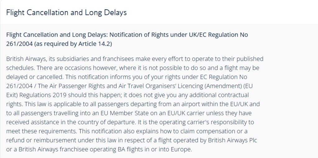 British Airways flight cancellation and long delay passenger rights under UK261 regulation notice