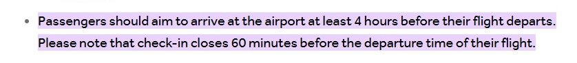 Dubai airport advisory asking passengers to arrive 4 hours early and check-in closing 60 minutes before departure