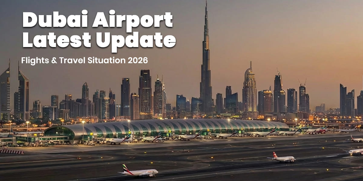 Dubai International Airport skyline with Burj Khalifa showing Dubai airport update for UK travellers March
