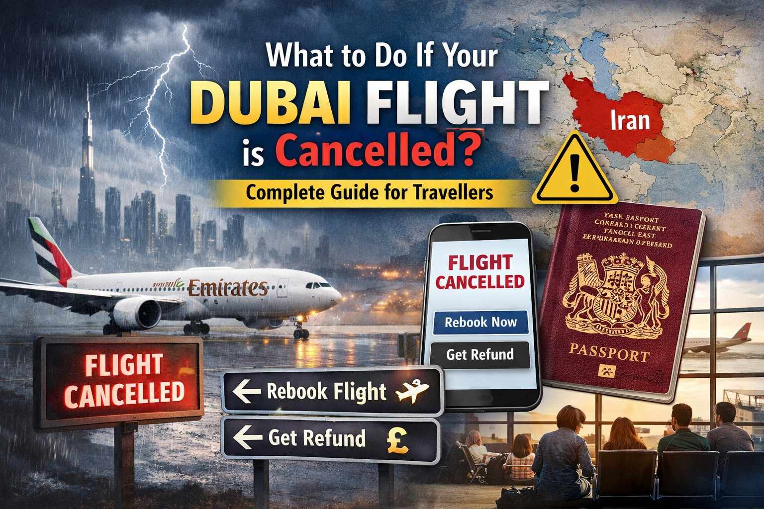 What to do if your Dubai flight is cancelled in 2026 showing Emirates plane in storm, flight cancelled sign, and rebooking and refund options for travellers