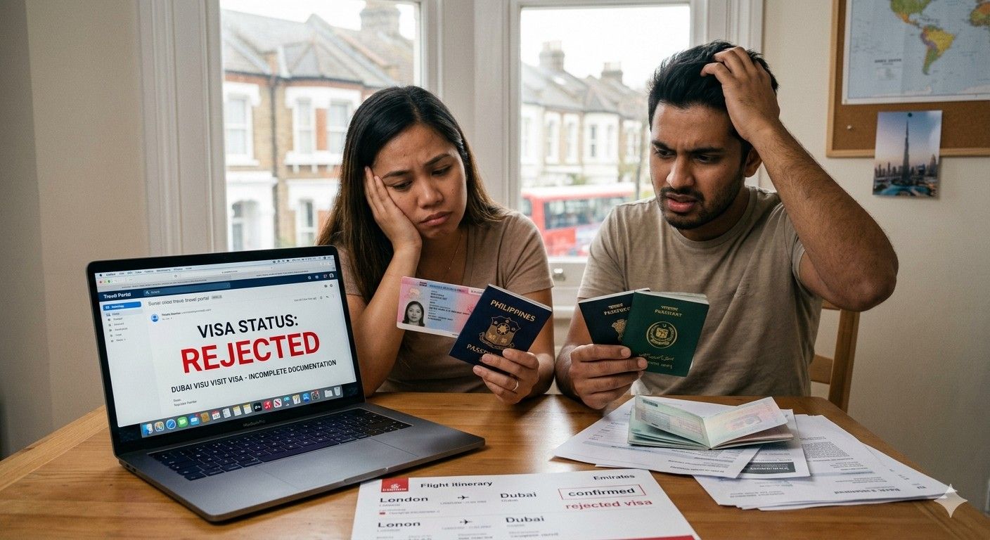 a man at a laptop with 'REJECTED' stamps and a list of common issues like passport validity, photo quality, and incorrect details