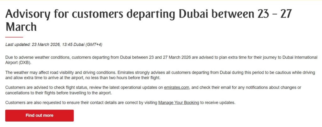 Emirates advisory for Dubai flights between 23 and 27 March 2026 warning about weather disruption and delays