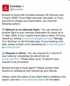 Emirates official update showing free rebooking and refund options for flights between 28 February and 15 April 2026