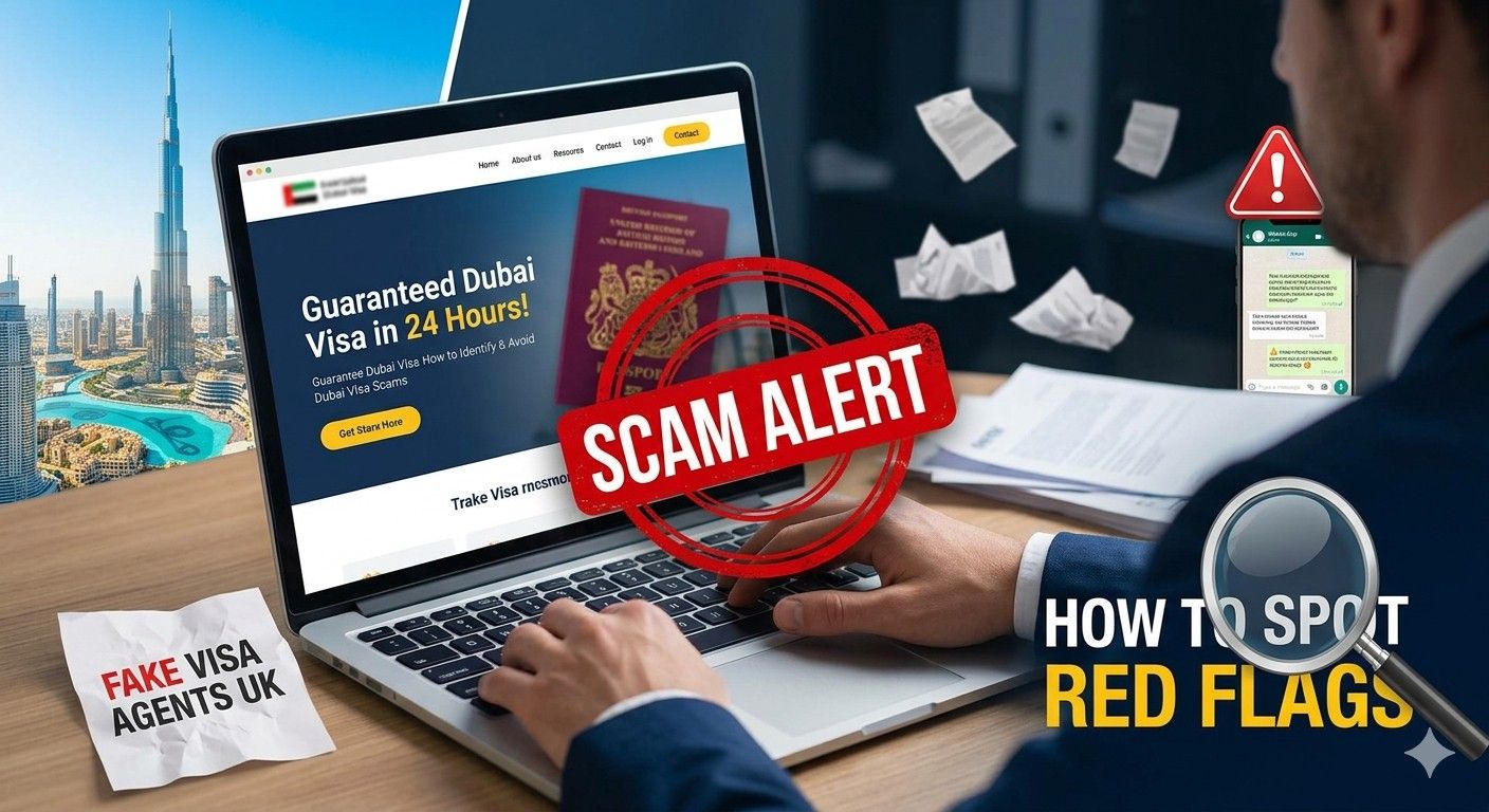 Fake Dubai Visa Agency Scam Alert for UK Travelers - Identifying fraudulent UAE visa websites.