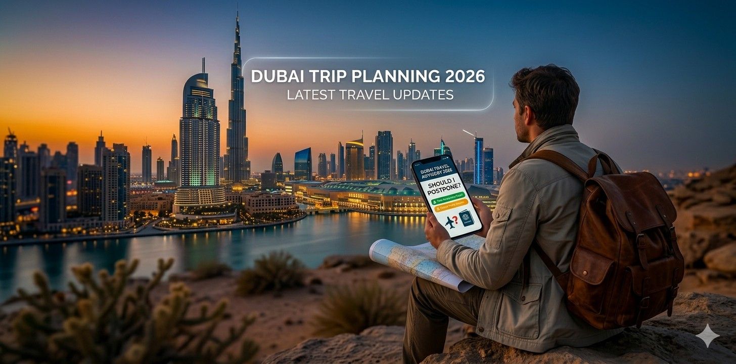 A traveler overlooking the Dubai skyline at sunset, checking a 2026 travel advisory