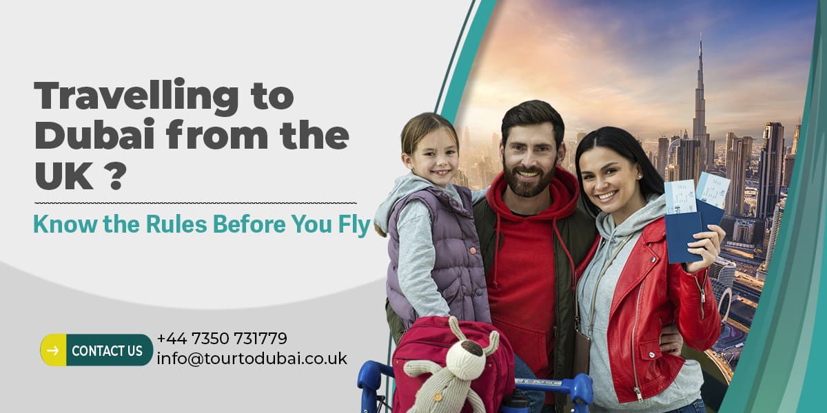 Family travelling from the UK to Dubai holding passports and tickets with Dubai skyline explaining visa rules before flying