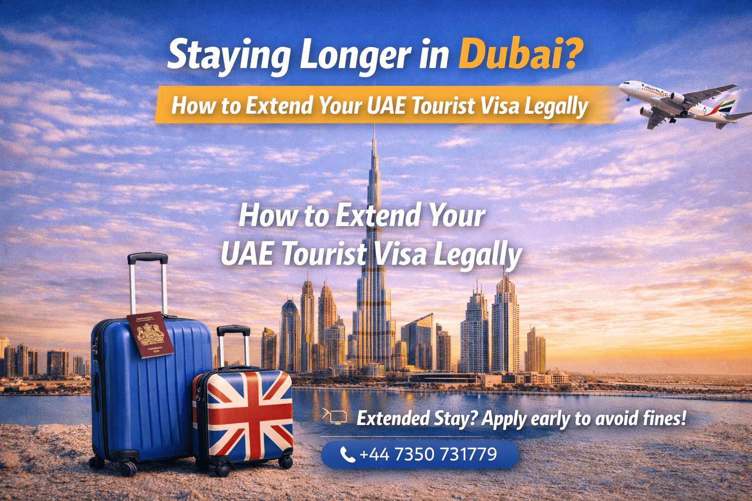 UAE tourist visa extension in Dubai showing skyline with Burj Khalifa and travel luggage for UK travellers staying longer in Dubai