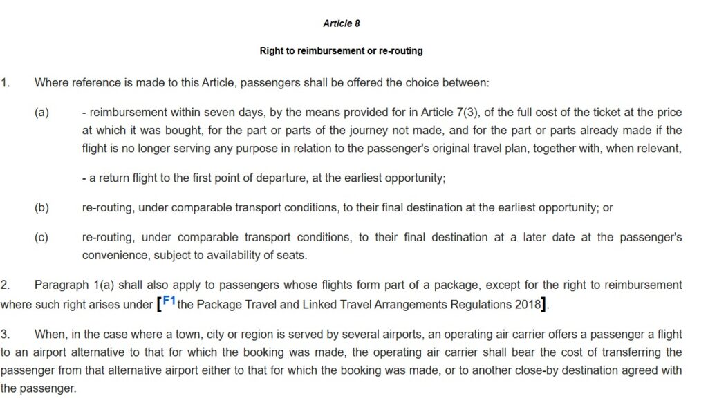 UK261 Article 8 showing passenger rights for reimbursement or re-routing after flight cancellation or delay