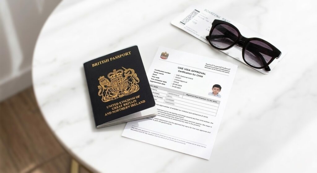 A British passport placed next to an official UAE child visa approval certificate and sunglasses on a marble table