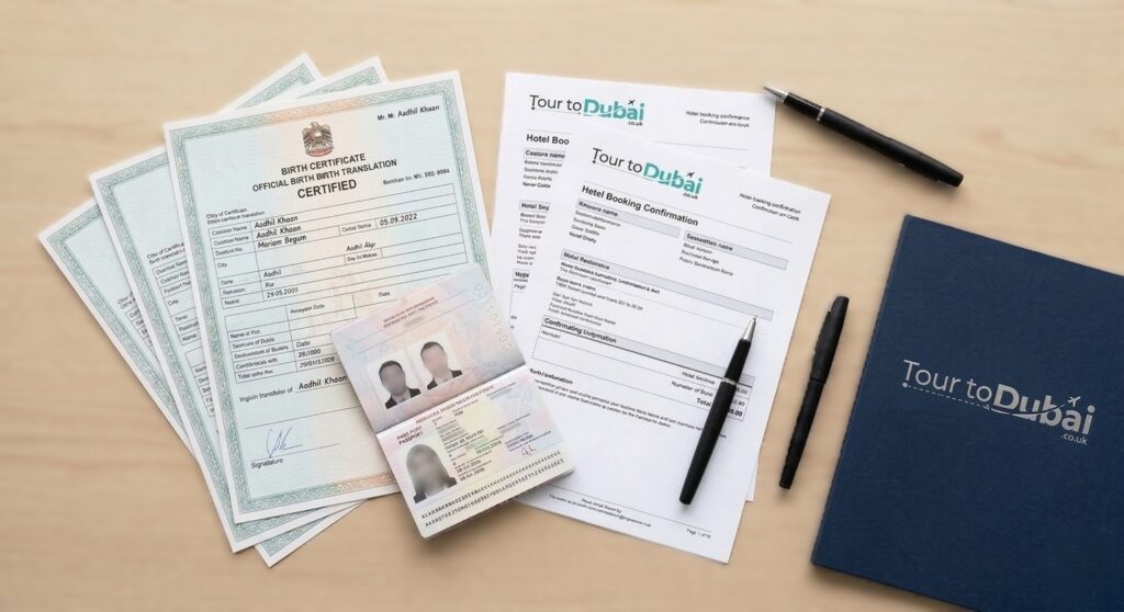 A flat-lay arrangement of a British passport, birth certificate translation, and Tour To Dubai booking confirmation documents.