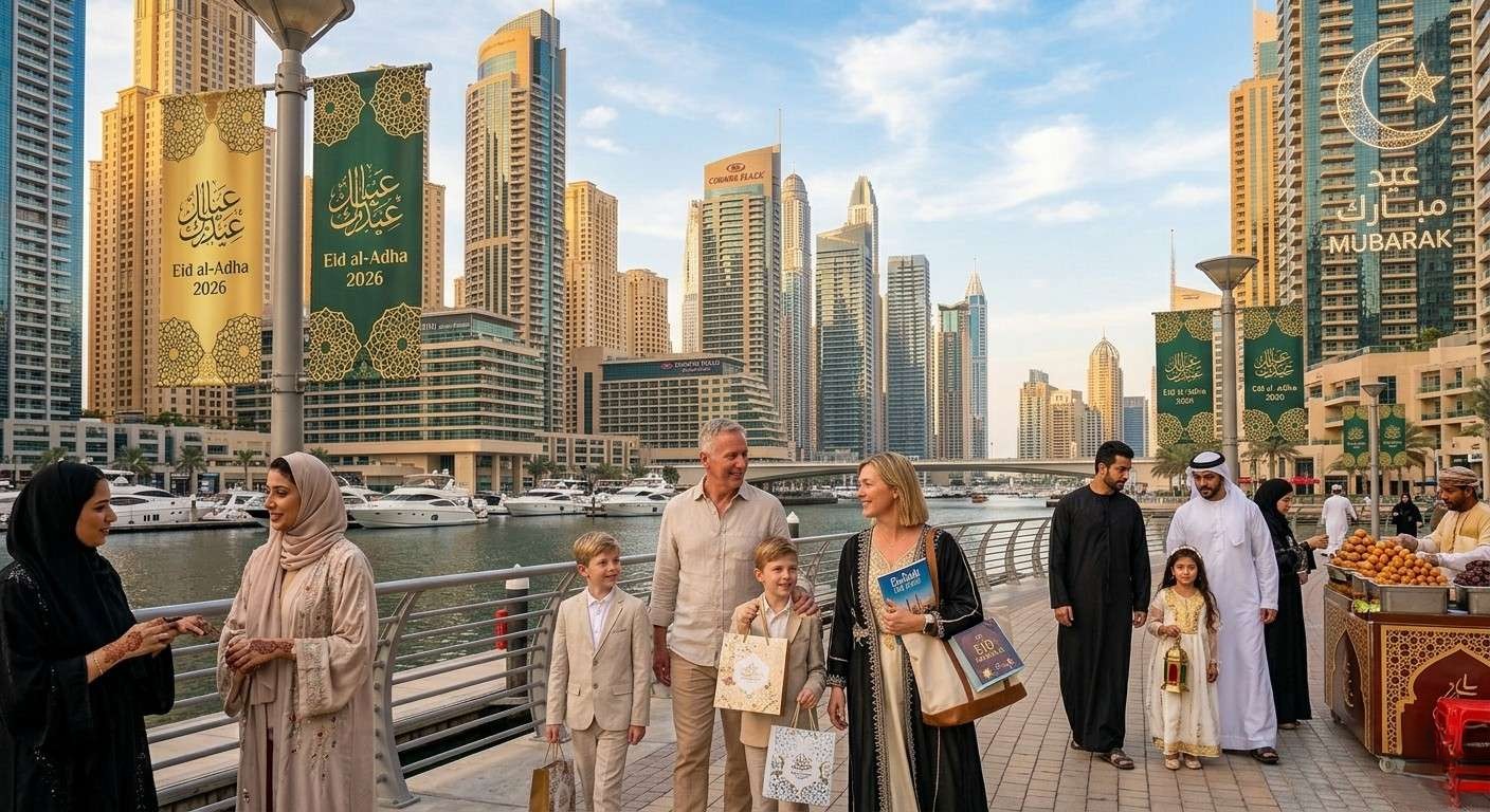 A view of Dubai Marina during Eid al-Adha 2026, showing a family of tourists and local residents on a boardwalk, street food vendors, and tall buildings with Eid Mubarak banners.