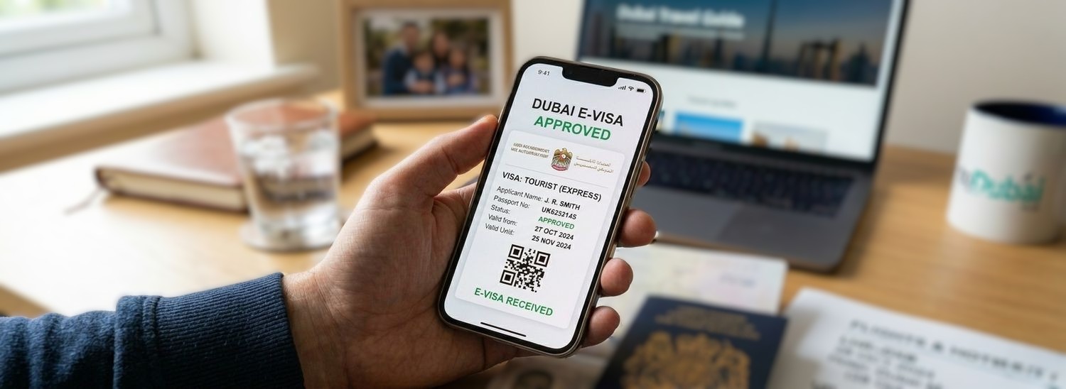 A close-up view of a hand holding a smartphone displaying an approved Dubai tourist e-visa. The scene includes an open UK passport, a printed travel itinerary, a laptop with a 'Dubai Travel Guide' website, and a 'Tour to Dubai' mug