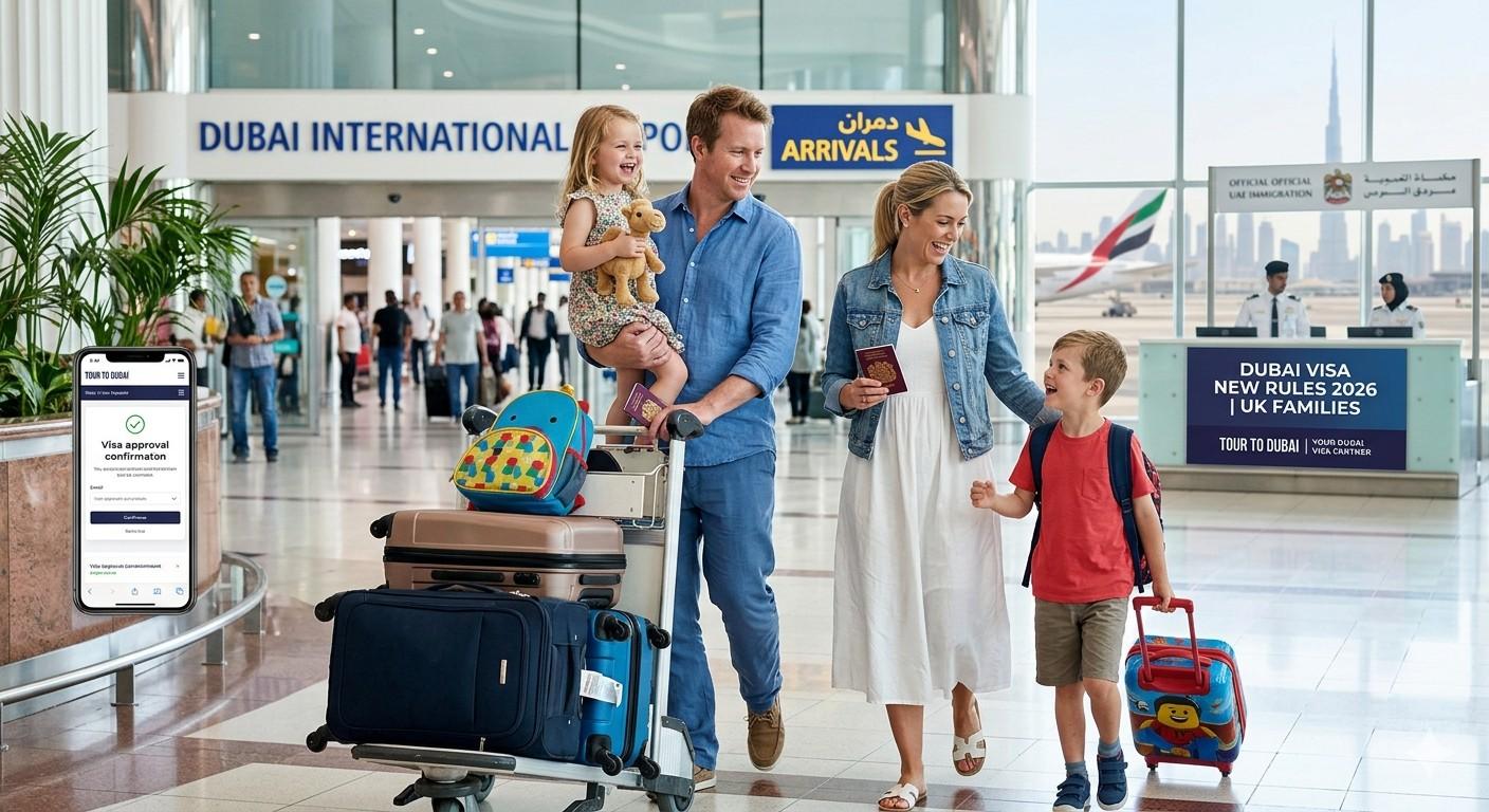 A happy British family with young children and luggage walking through Dubai International Airport arrivals, showing a visa approval confirmation on a smartphone.