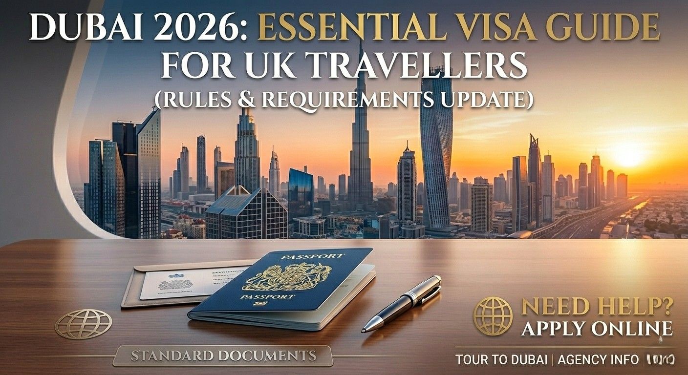 Dubai visa rules 2026 for UK citizens, featuring a British passport, a travel pen, and the modern UAE city landscape