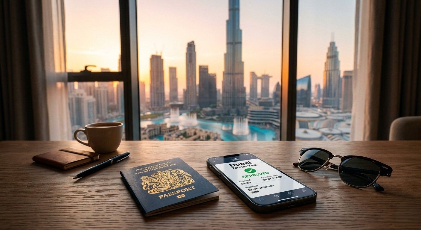 A British passport, smartphone showing an approved Dubai tourist visa, and sunglasses on a wooden desk with the Burj Khalifa skyline in the background at sunset.