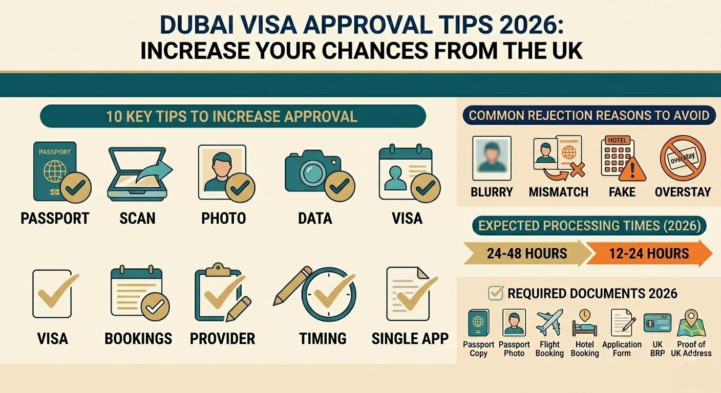 Infographic showing 10 key tips for Dubai visa approval for UK residents in 2026, including passport scan quality, data matching, and common rejection reasons like blurry documents or overstays.