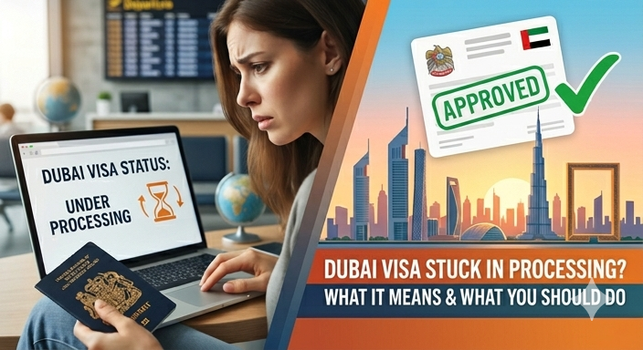 A split-screen graphic showing a concerned traveler holding a UK passport while looking at a laptop screen displaying "Dubai Visa Status: Under Processing."