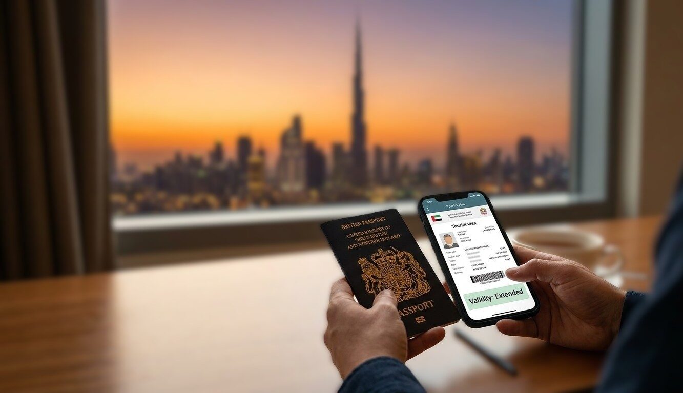 A British traveler holding a passport and a smartphone showing an extended Dubai tourist visa with the Burj Khalifa skyline in the background.