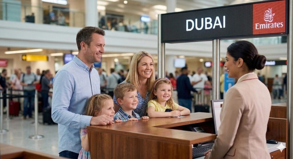 A smiling family at a flight check-in desk providing their individual child visas and passports for a trip to Dubai.