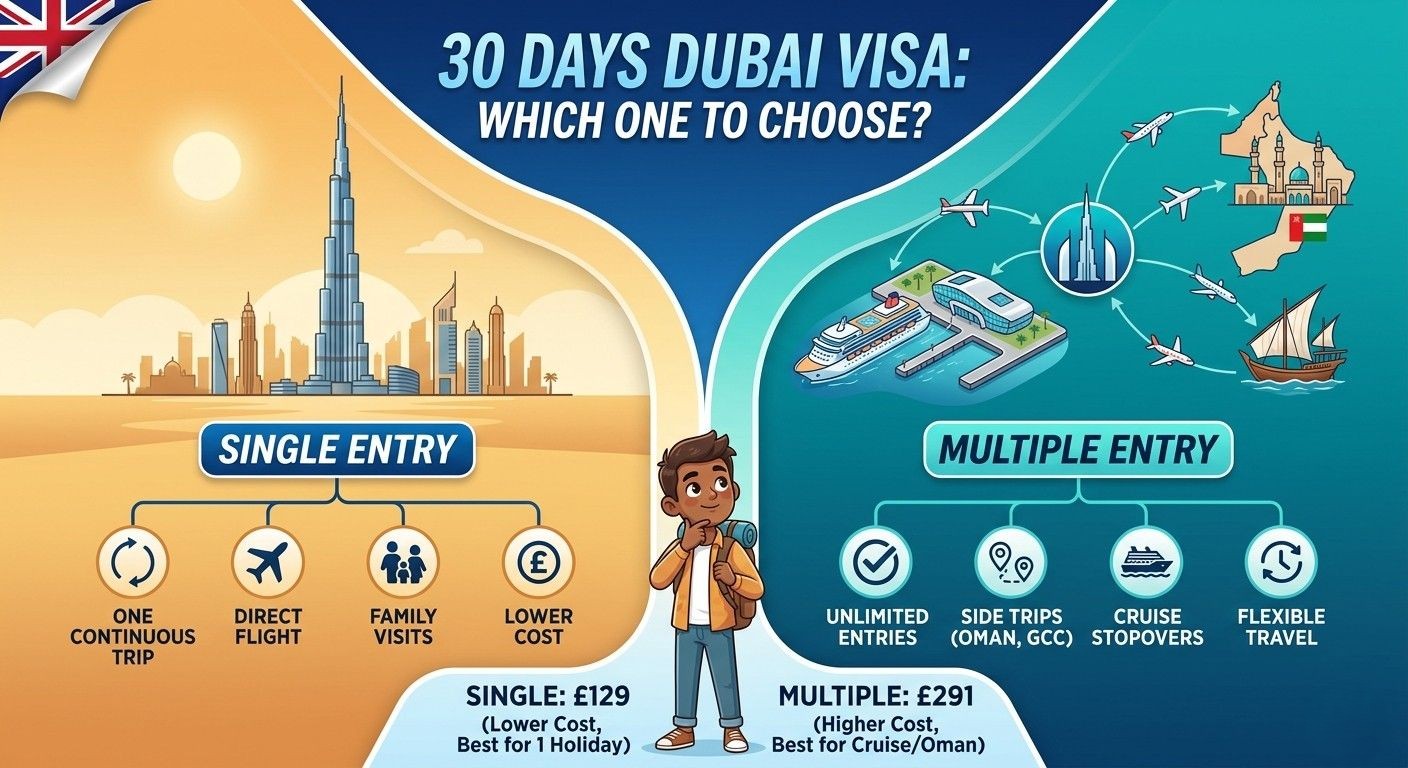 An infographic comparing Dubai 30-day single entry versus multiple entry visas, highlighting the different use cases. The single entry side features the Dubai skyline and suggests it for one continuous trip, direct flights, and family visits with a lower cost.