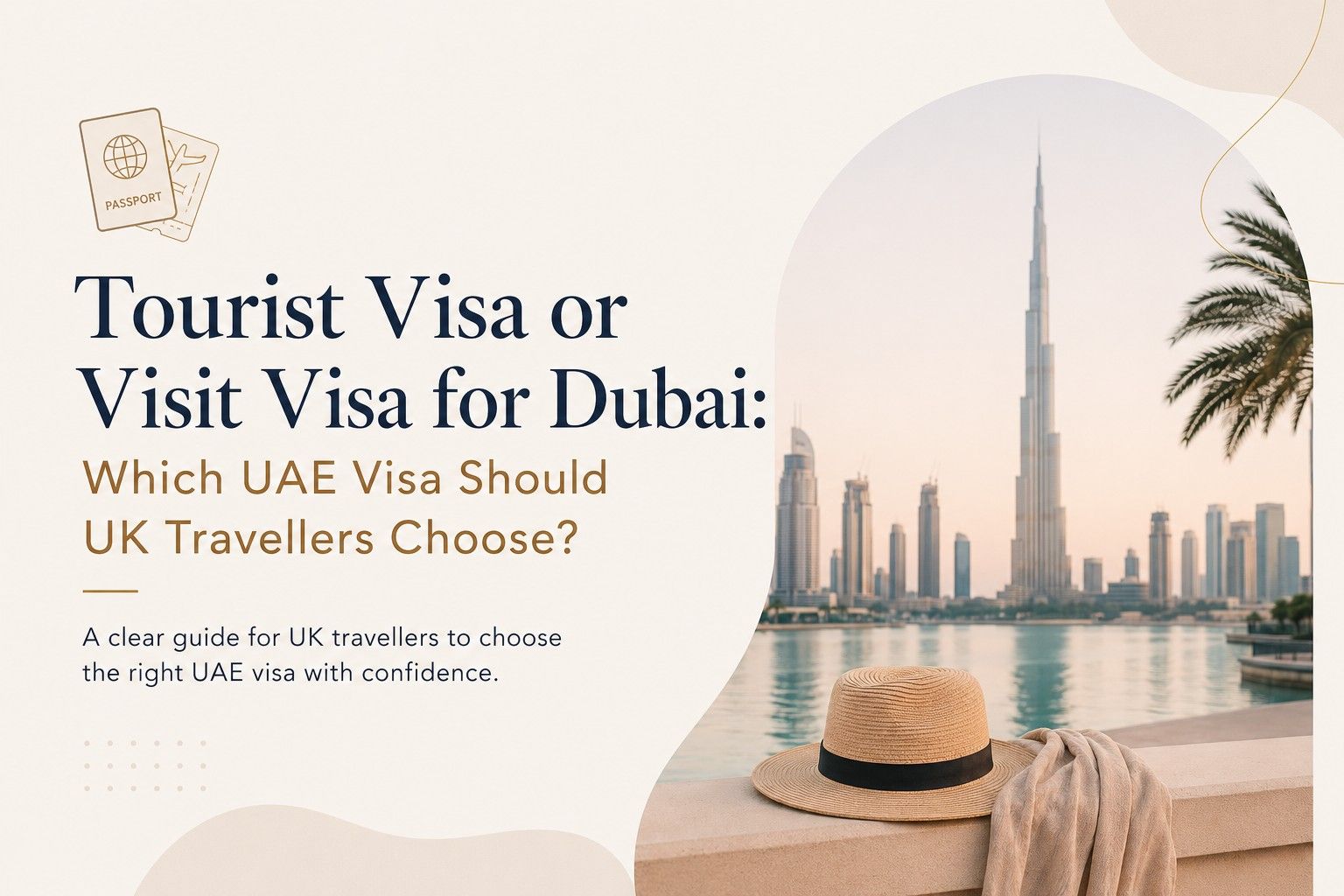 Minimal Dubai skyline blog banner for UK travellers comparing UAE tourist visa and visit visa options in 2026.