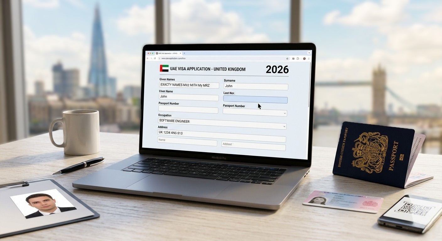 A modern workspace featuring a laptop showing a UAE visa application form for the UK, with a British navy passport, a BRP card, and a passport photo on a desk, with the London skyline visible through the window