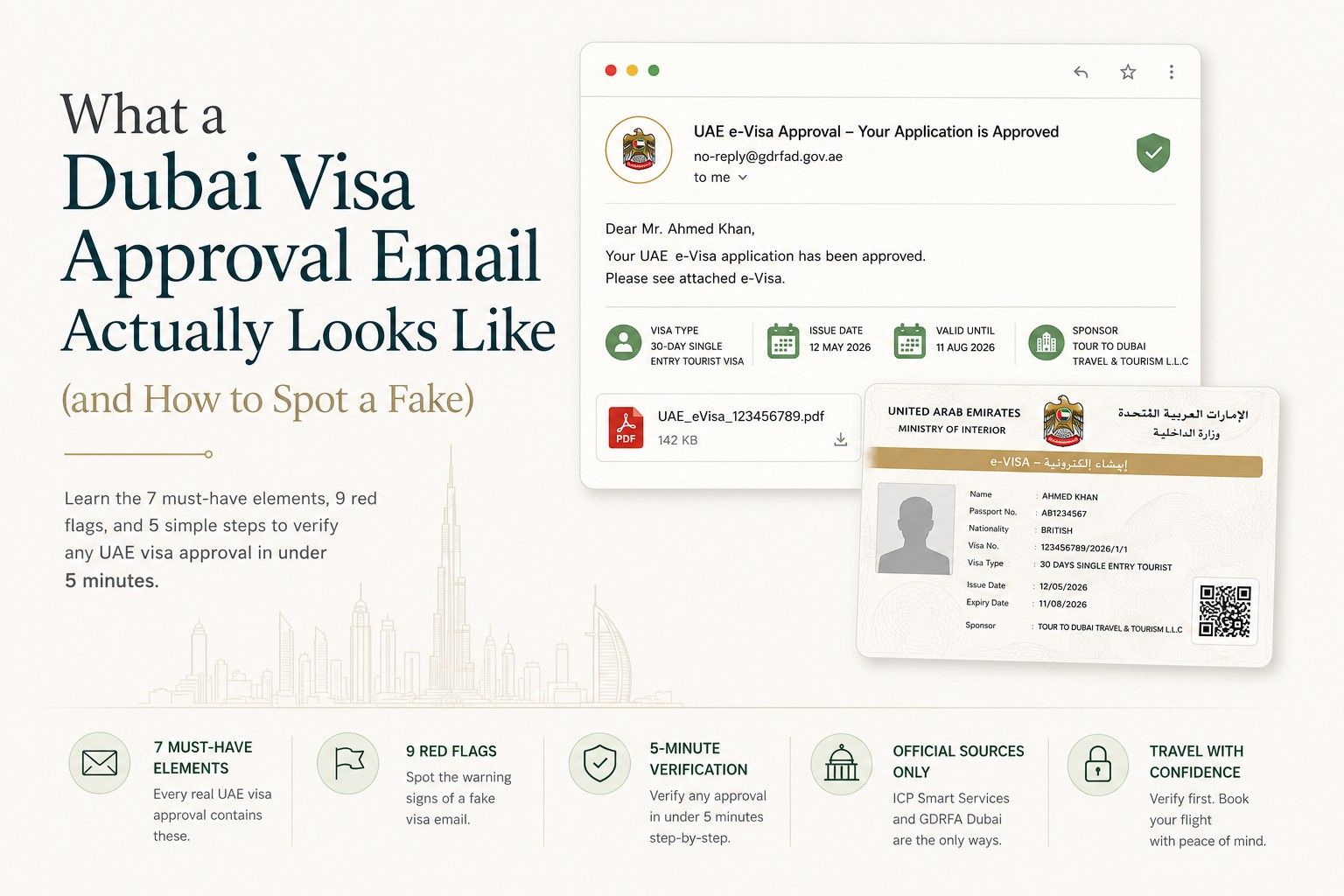 Minimal infographic showing a real Dubai visa approval email, UAE e-visa PDF, and key tips to spot fake Dubai visa approval emails