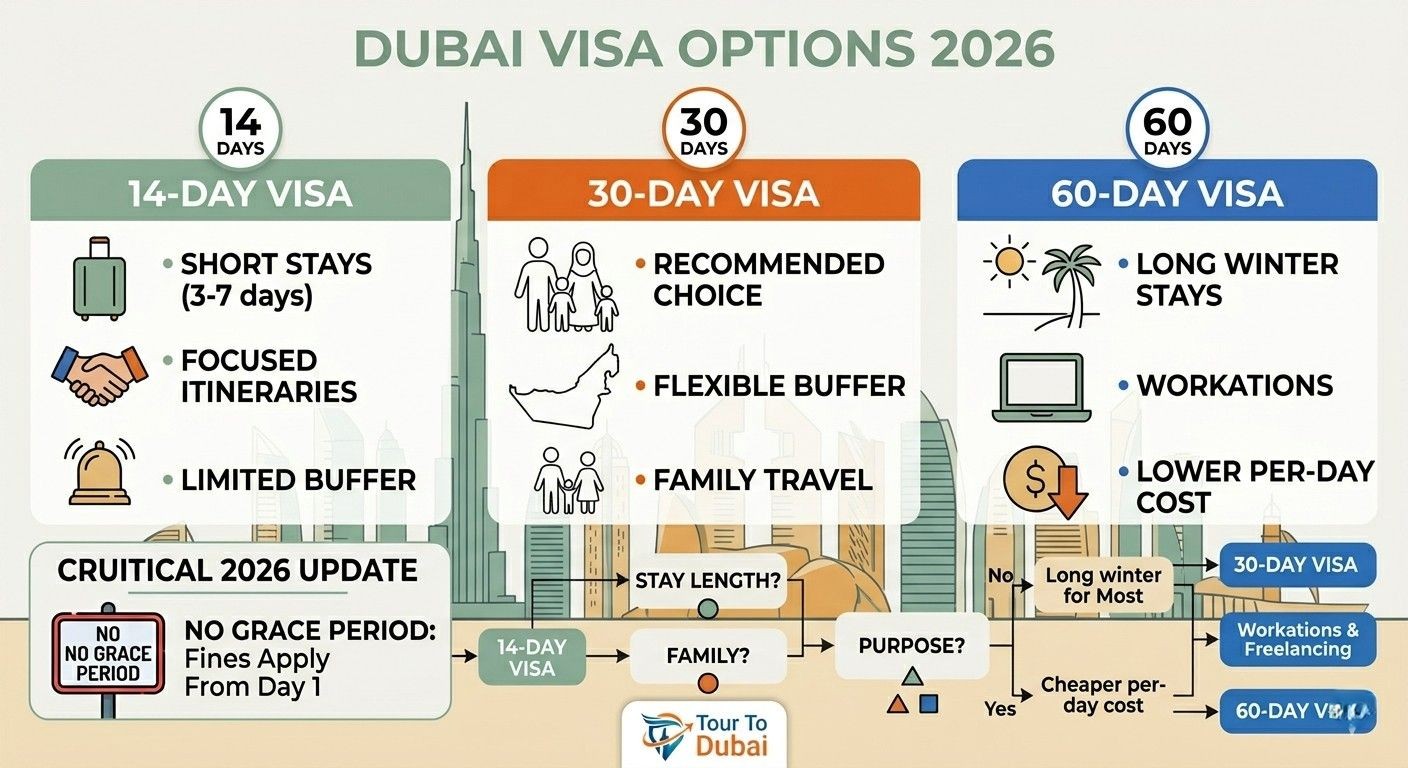 Infographic comparing 14, 30, and 60-day Dubai visa options for UK travellers in 2026, detailing benefits, costs, and overstay rules.