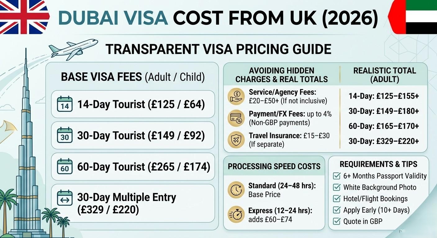Infographic outlining the total cost of a Dubai visa from the UK in 2026, including base fees for different visa types, potential hidden charges, and total estimated costs.