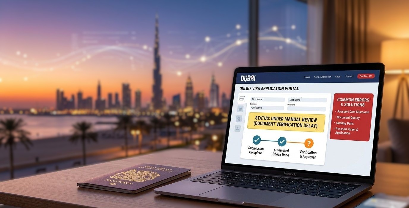 A laptop displaying a Dubai online visa application portal with a manual review status, set against a Dubai skyline background with a British passport on a desk.