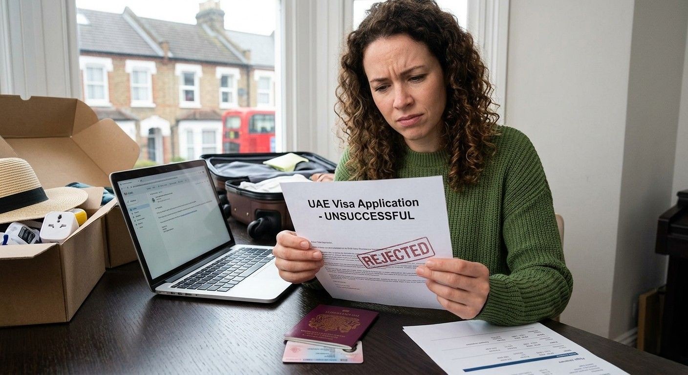 A woman in a green sweater sits at a table with an open suitcase and travel items, looking stressed while holding a UAE visa rejection letter with the word "REJECTED" stamped in red.