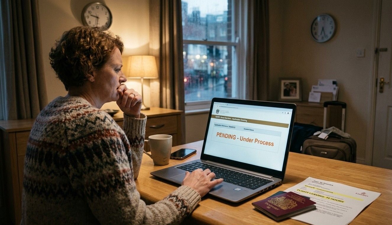 A stressed British woman sitting at a desk, looking anxiously at her laptop screen which displays 'Dubai Visa Status: PENDING' with 72 hours until her flight.