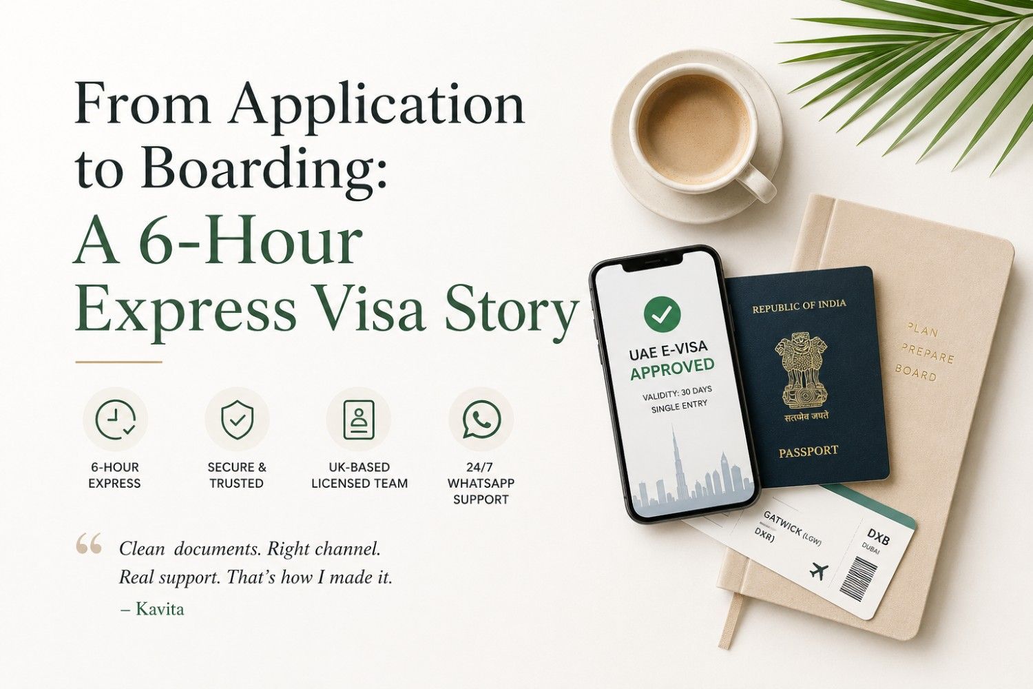 Indian passport holder with approved UAE e-visa on phone, boarding pass and travel documents before a Dubai flight.