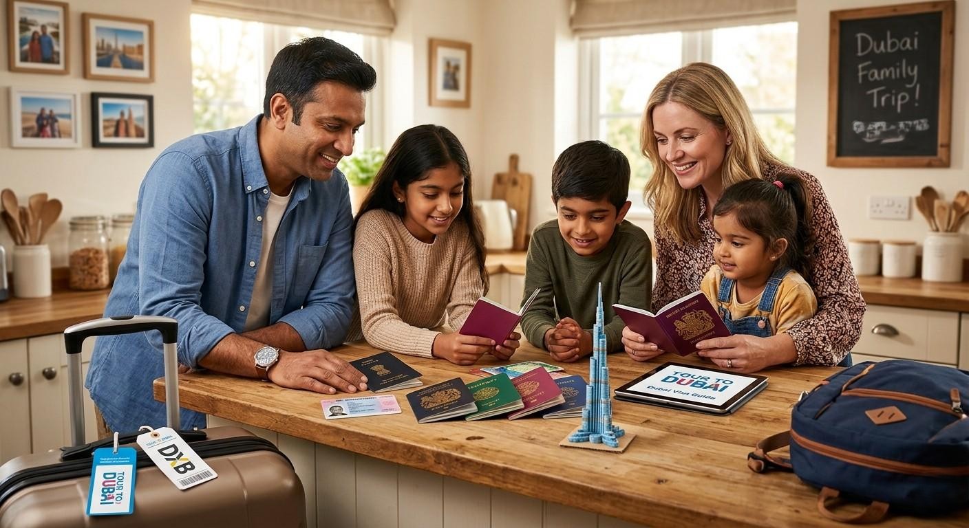 A diverse British-Indian family in a UK kitchen reviewing multiple passports, a BRP card, and travel documents for a Dubai trip.