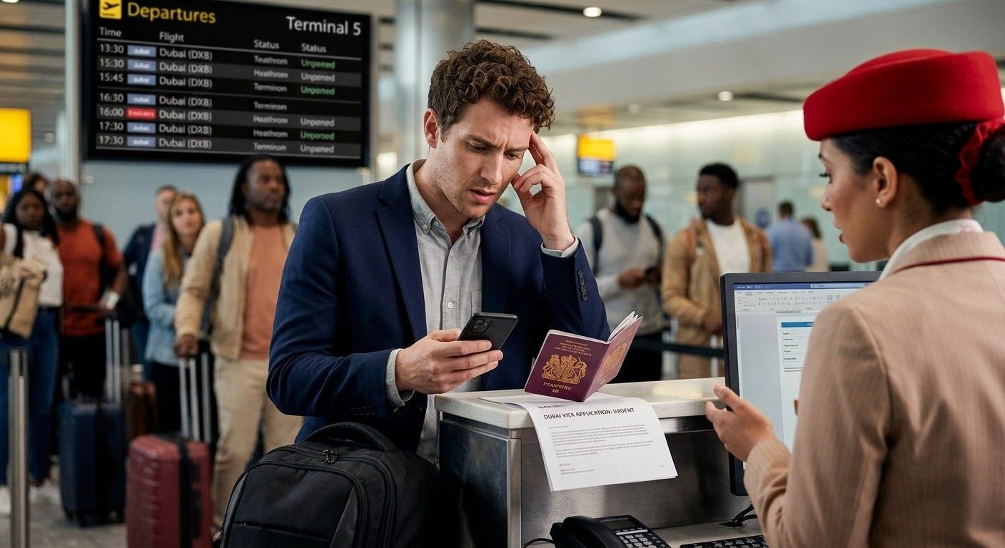Stressed British traveller holds passport and phone at airport check-in desk, showing clear anxiety over a last-minute Dubai visa issue with an airline agent.