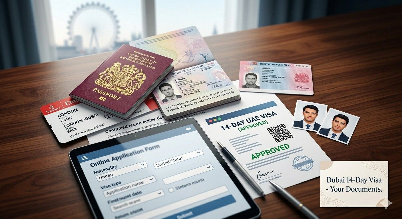 A desk with UK passport, BRP, flight tickets, and online application forms for a 14-day Dubai visa.