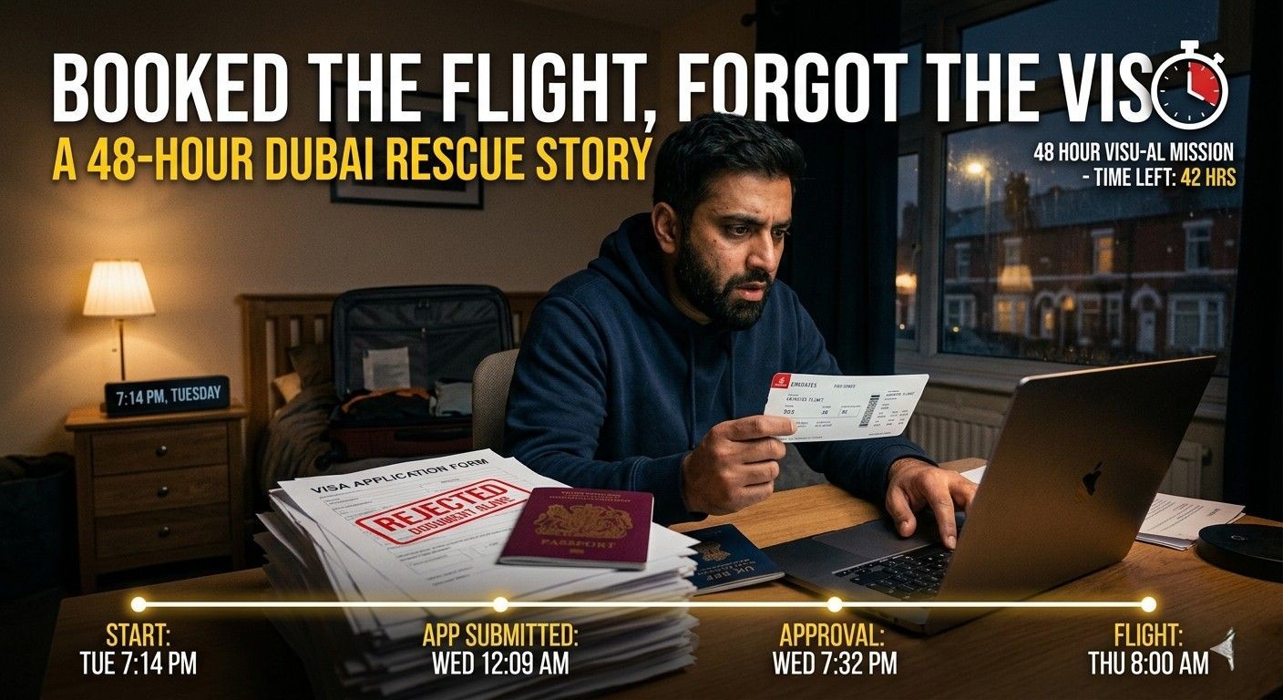 A stressed man in a Birmingham bedroom looking at his Emirates flight ticket and laptop while applying for an urgent 48-hour Dubai visa.
