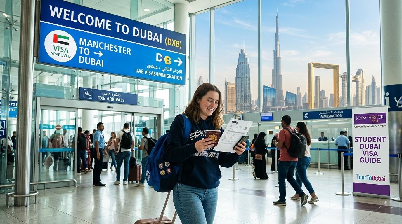 A University of Manchester student happily holds her visa documents in Dubai Airport, with the city's iconic skyline visible through the window.