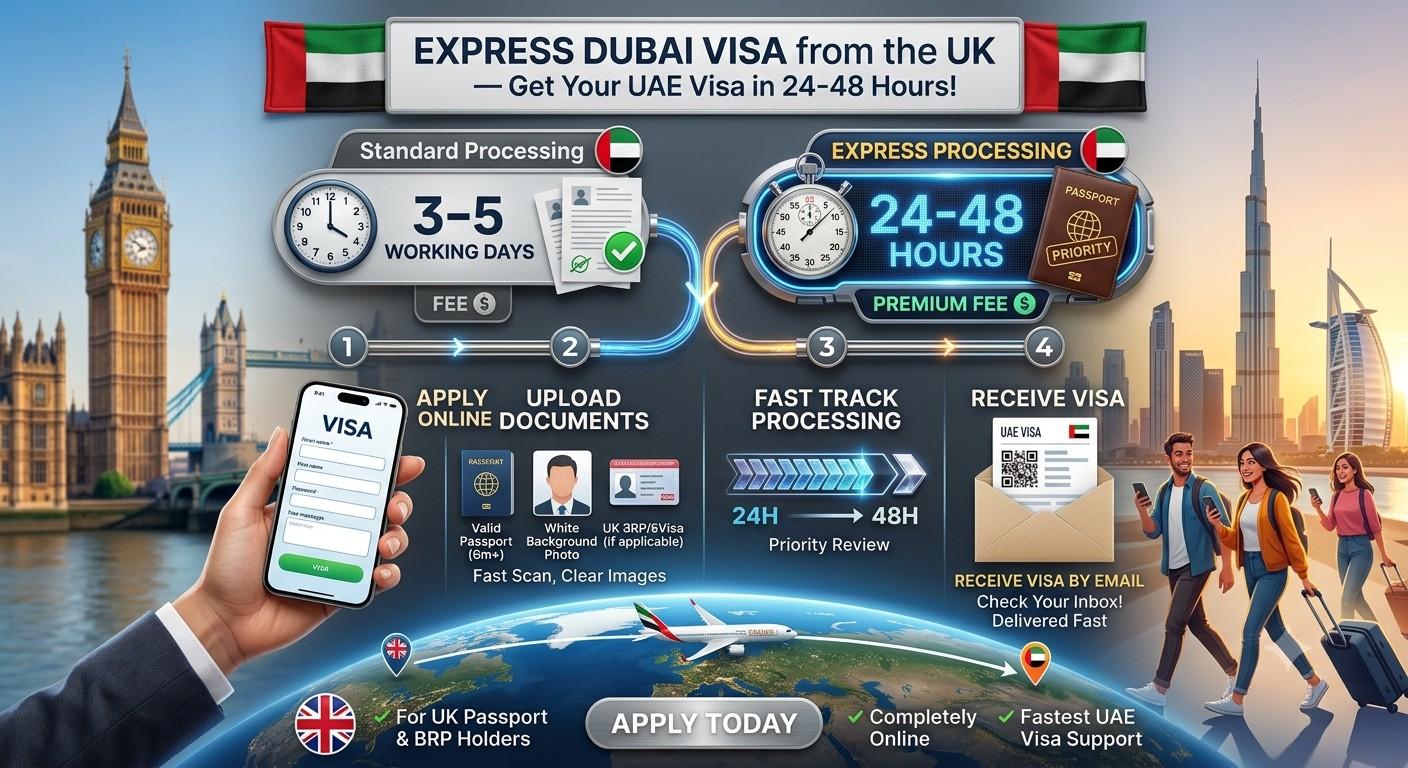 Infographic for express Dubai visa from the UK, showing the comparison between standard 3–5 day processing and 24–48 hour express processing.