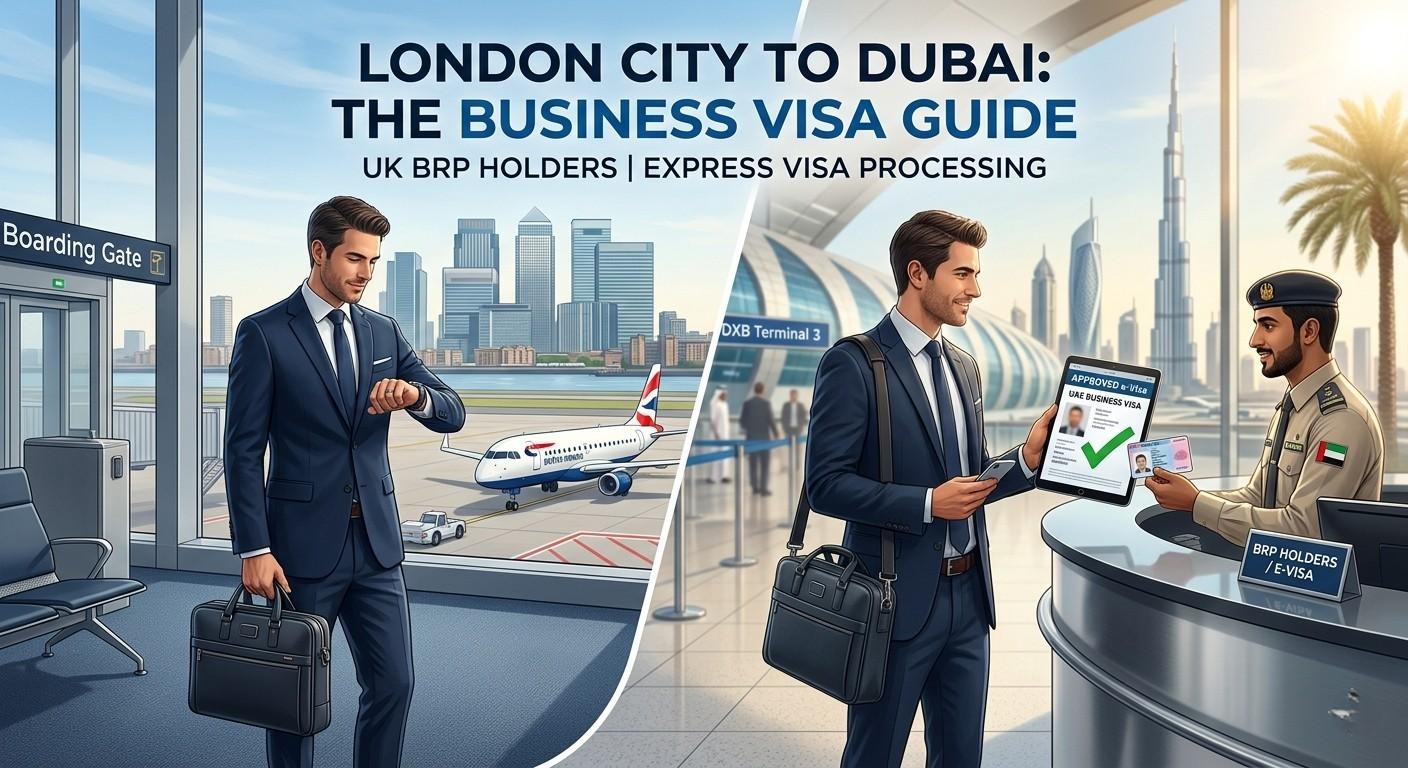 A split illustration showing a business professional at London City Airport departing and arriving in Dubai to receive a business visa.