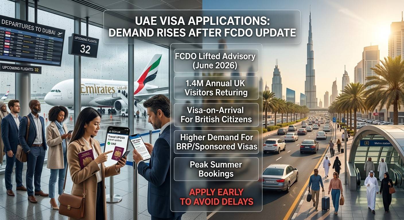 A split-image infographic showing the link between lifting UK travel advisories and rising UAE visa demand. The left side is an airport scene with people and a GOV.UK travel update screen for UAE. The right side is a sunlit Dubai cityscape with Burj Khalifa.
