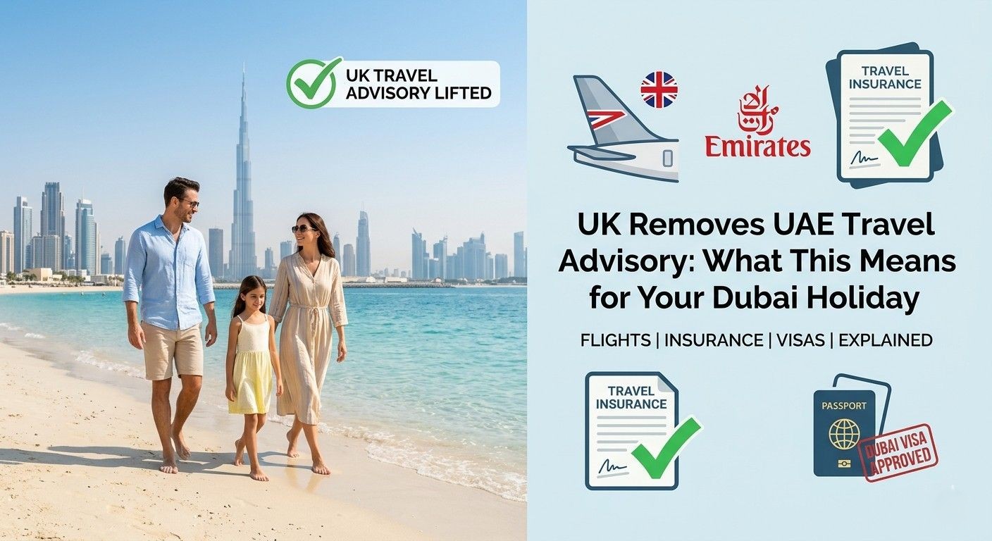 A family walks on a Dubai beach with the Burj Khalifa in the background next to a graphic detailing UK travel advisory updates, Emirates flights, valid travel insurance, and approved visas.