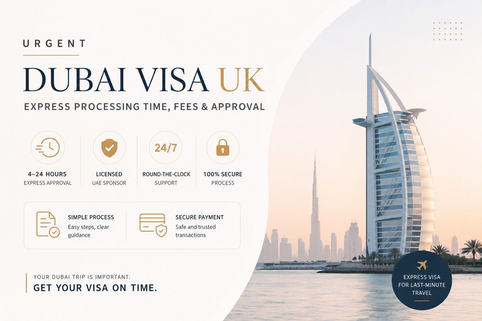 Minimal Dubai skyline illustration representing urgent Dubai visa UK services with express processing, fast approval, and secure application support.