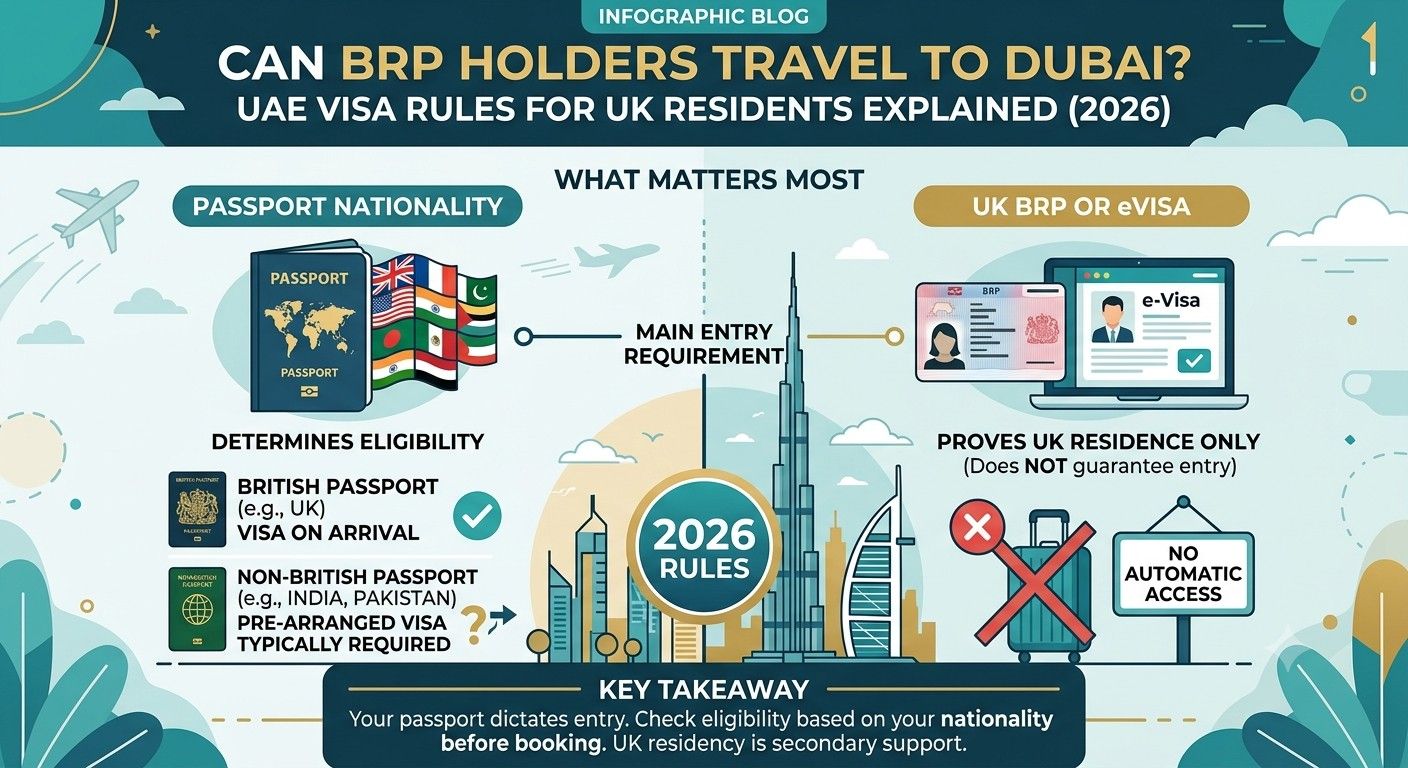 An infographic comparing the roles of passport nationality versus UK BRP/eVisa status in determining eligibility for Dubai visas