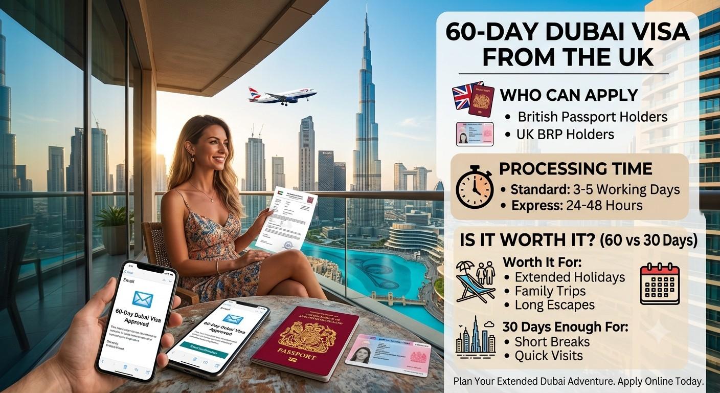 A visual summary infographic about obtaining a 60-day Dubai visa from the UK, featuring sections on eligibility (British Passports, BRP), processing times, and a comparison of when a 60-day stay is worth it versus 30 days